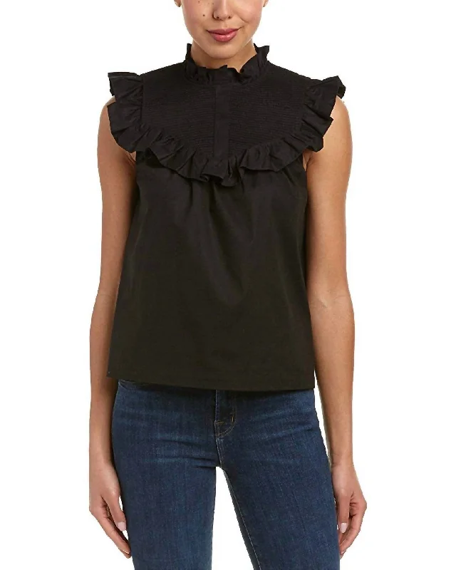 Deal of the Day Hera Ruffle Trimmed Sleeveless Cotton Voile Blouse in Black