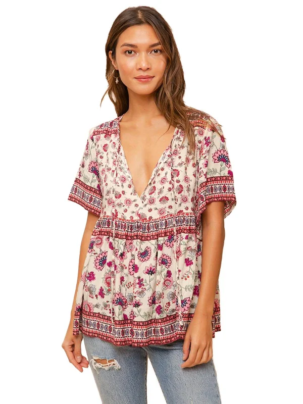 Crazy Savings Hiroka Womens Floral Print Tie Neck Top