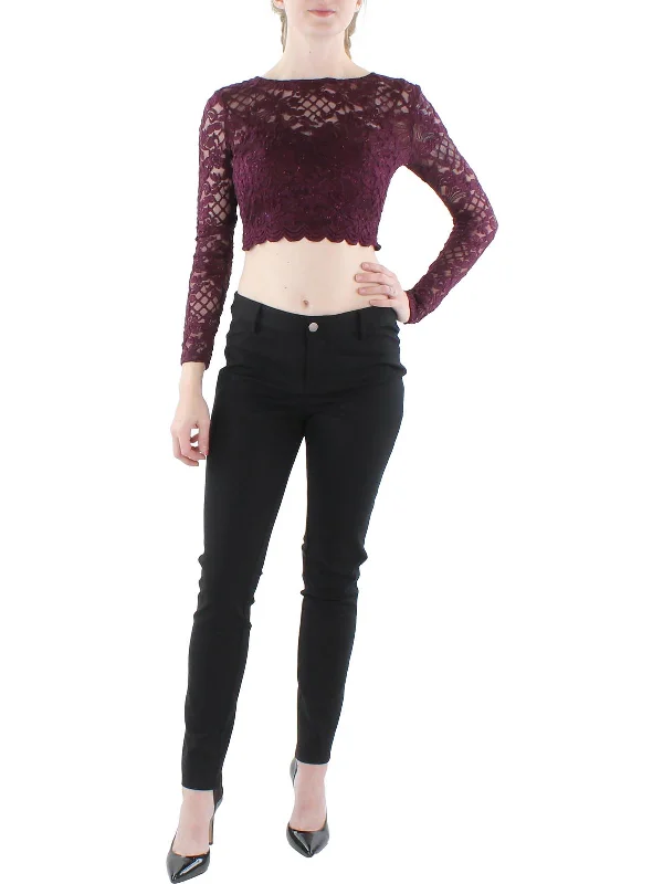 Instant Savings Juniors Womens Lace Glitter Cropped