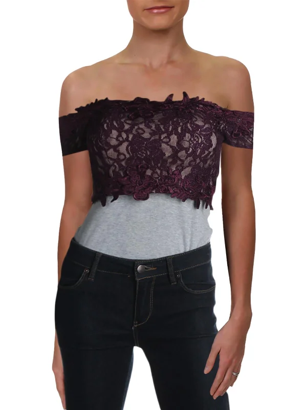Buy Now Juniors Womens Lace Off-The-Shoulder Crop Top