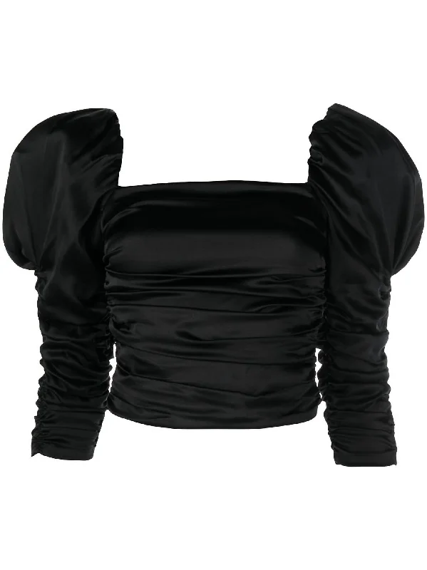 Year-End Clearance Katrice 3/4 Puff Sleeve Square Neck Ruched Top Blouse in Black