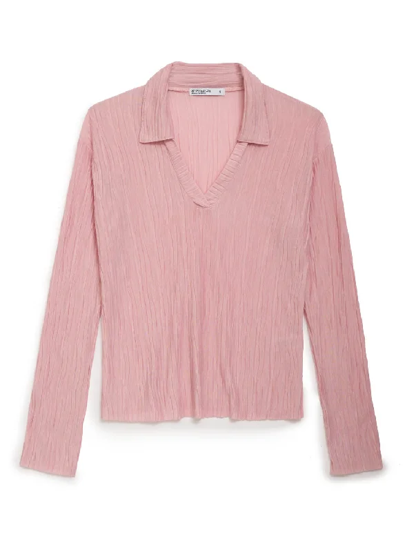 Year-End Sale Knit Plisse Long Sleeve Polo in Chalk Pink