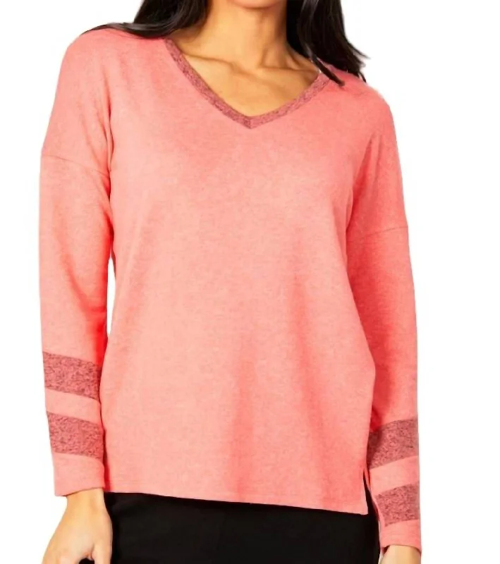 Closeout Long Sleeve Love V-Neck Top In Coral