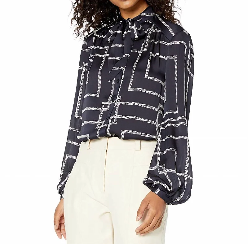 Early Bird Discount Lutana Self Tie Neckline Long Sleeve Button Down Blouse in Midnight
