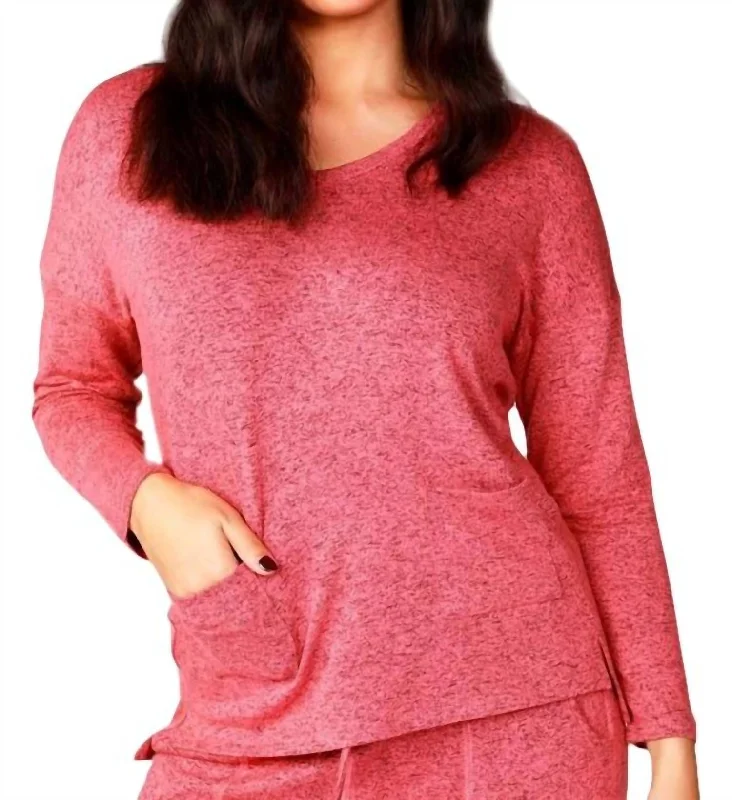 Last Chance Melange 2 Pockets V-Neck Top In Coral