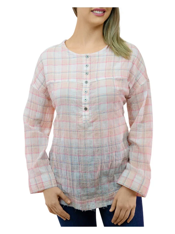 Season Finale Sale Mia Pucker Womens Plaid Round Neck Tunic Top