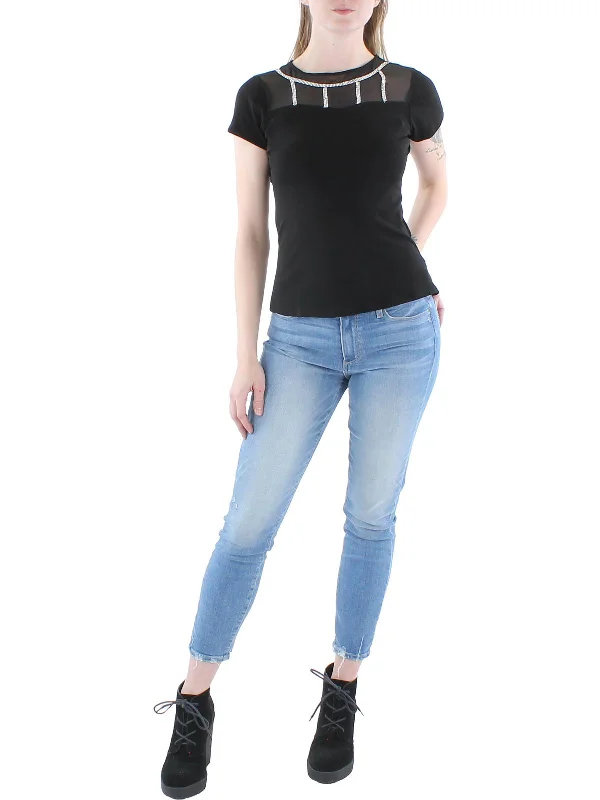 Super Deal Petites Womens Crepe Rhinestone Pullover Top