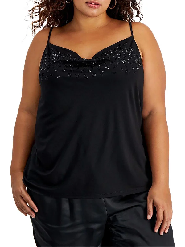 Can't Miss Plus Womens Embellished Drape Neck Shell