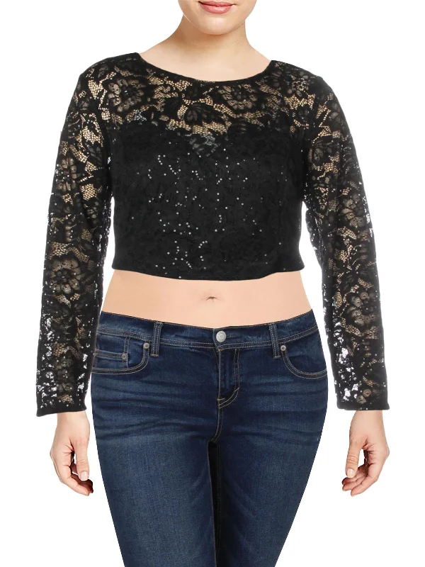 Bonus Savings Plus Womens Lace Sequined Crop Top
