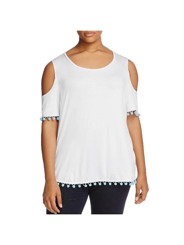 Deal Zone Plus Womens Pom Pom Trim Cold Shoulder Casual Top