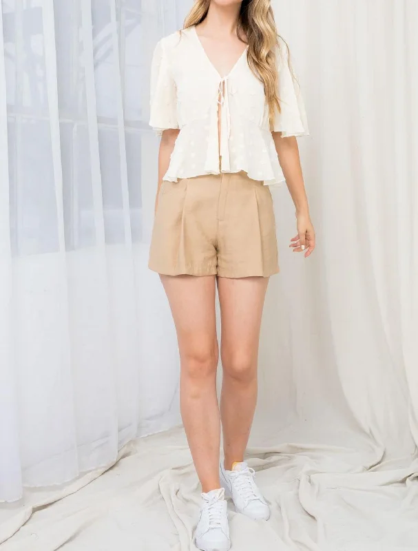Take Advantage Pom Fringe Front Tie Top In Beige