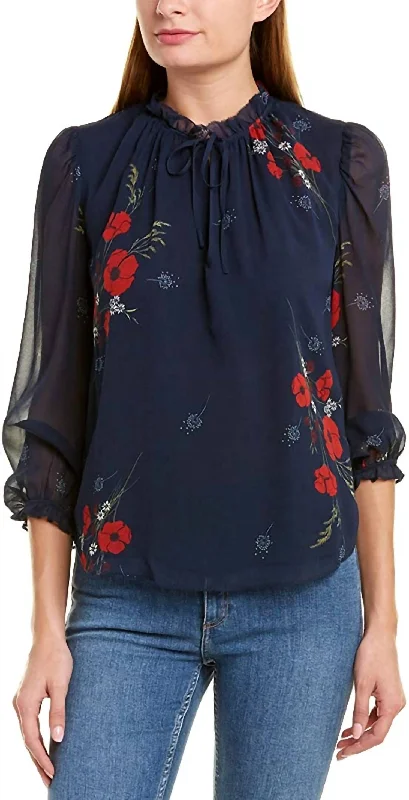 Weekend Special Rafaella Ruffle Trim Self Tie Neckline Silk Blouse in Midnight