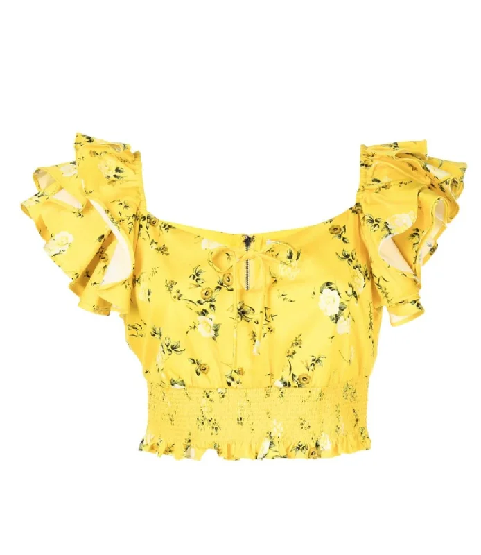 Weekend Deal Shanae Ruffle Sleeve Tie Front Cropped Top Escape Ditsy in Sunbeam