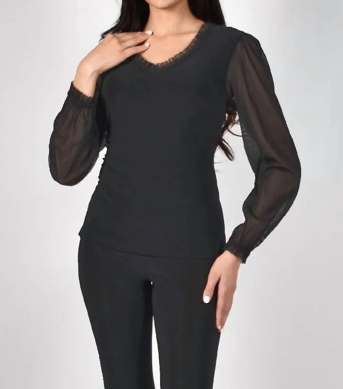New Deals Sheer Sleeve Ruffle V Neck Top In Black