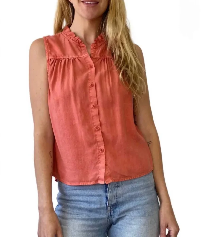 Closeout Sale Slvless Ruffle Neck Button Down In Red Clay
