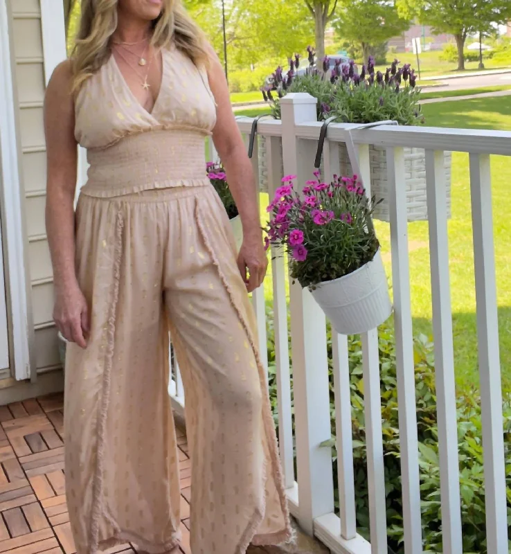 Early Access Tan And Gold Lurex Halter Top In Light Tan
