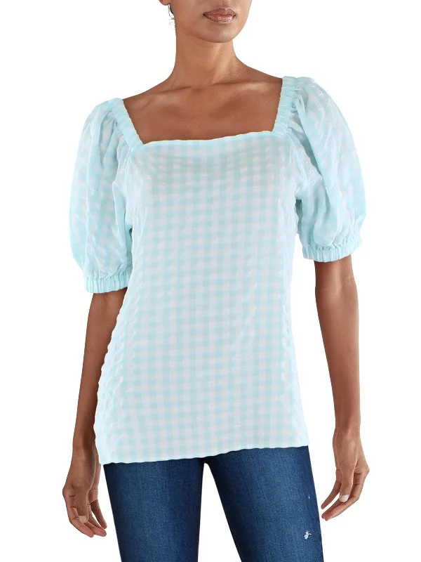 Big Discounts Womens Checkered Square-Neck Pullover Top