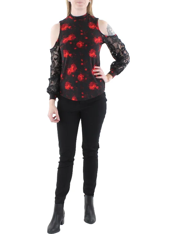 Discount Extravaganza Womens Floral Print Mixed Media Pullover Top