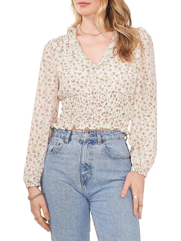 Price Fest Womens Floral Smocked Cropped