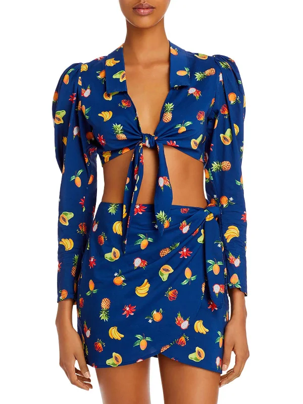 Inventory Reduction Womens Printed Tie-Front Crop Top