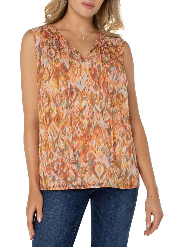 Hurry In Womens Shirred Tie Front Blouse