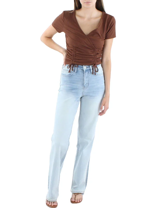 Super Sale Womens V Neck Ribbed Cropped