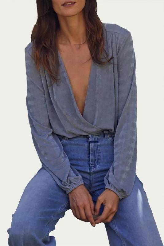 Now or Never Wrap-Effect Stretch-Jersey Bodysuit In Dusty Blue
