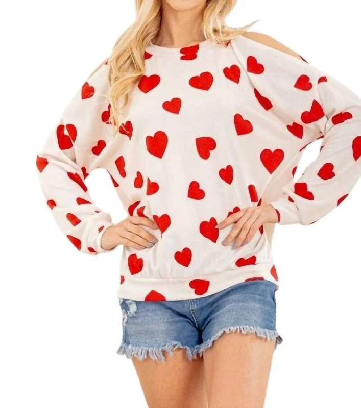 Special Price Cold Shoulder Heart Top In White/red