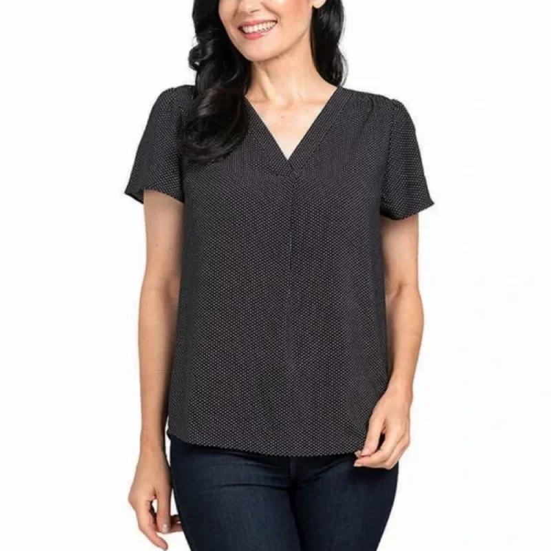 Deal Zone Hilary Radley Women's Dot Print V-neck Flare Short Sleeves Relaxed Fit Top Blouse