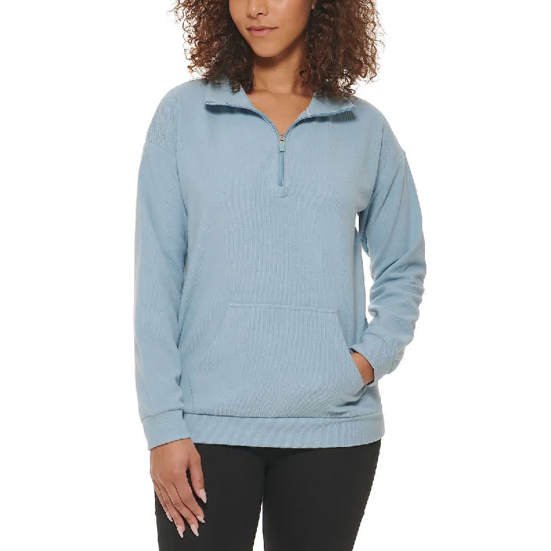 Savings Event Marc NY By Andrew Marc Women's Kangaroo Pocket Ribbed Quarter Zip Sweatshirt Pullover Top