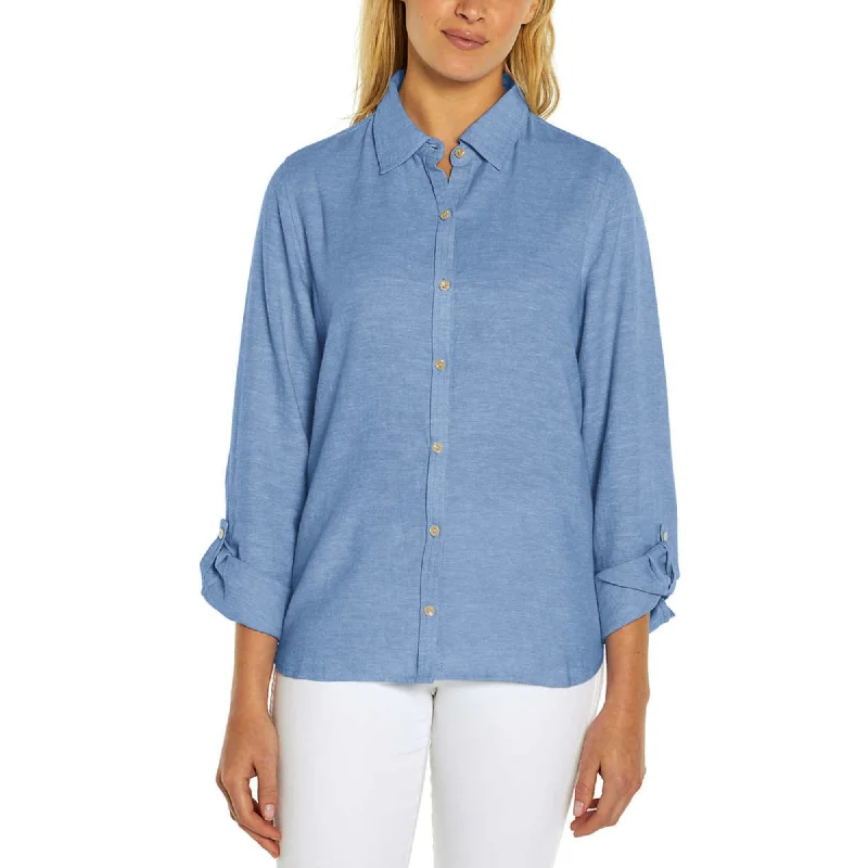 Huge Discounts Orvis Women's Soft Lightweight Linen Blend Long Sleeve Top Button Up Shirt