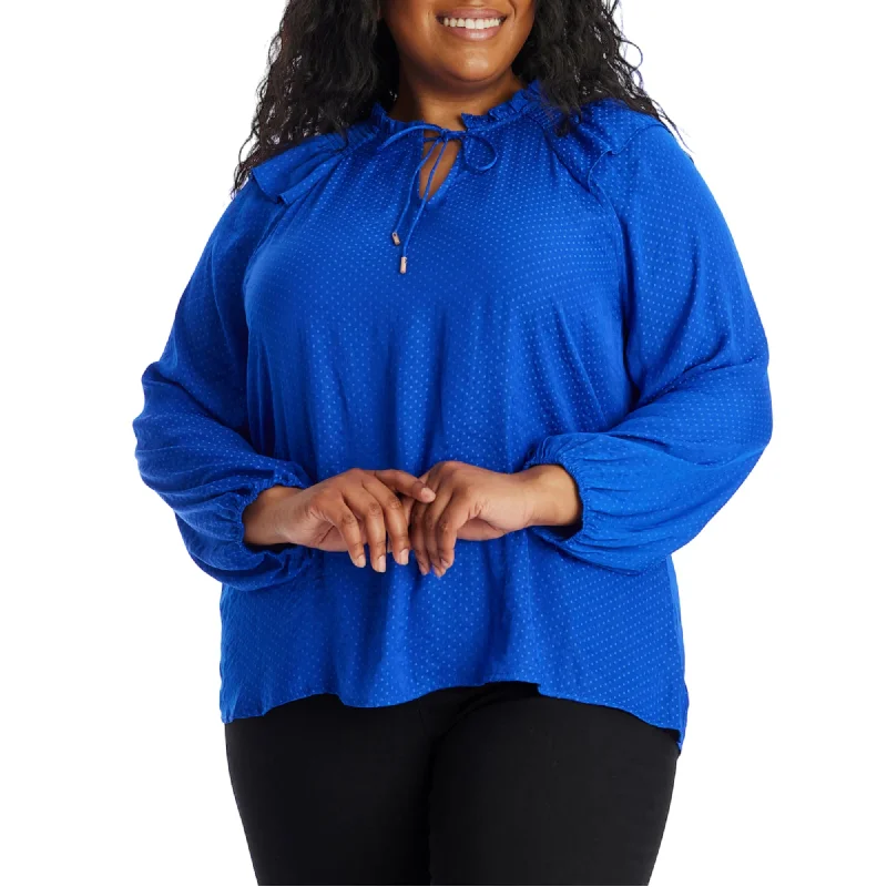 Don't Miss SKIES ARE BLUE Women's Plus Front Tie Ruffle Trim Puff Sleeve Blouse