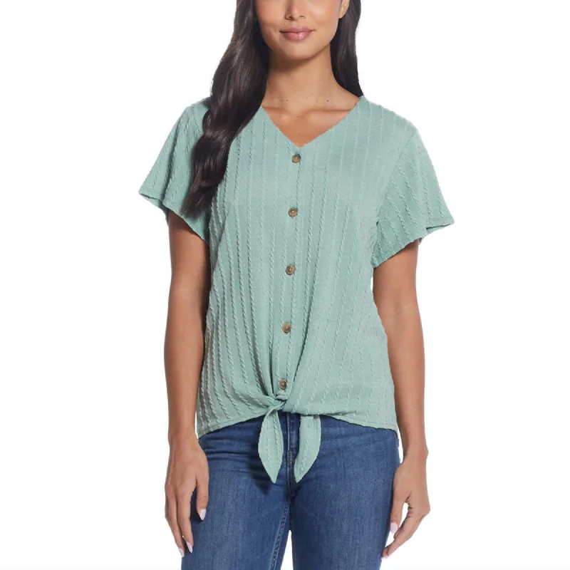 Deal Explosion Weatherproof Vintage Women's Tie Front T-Shirt V-Neck Braided Knit Top