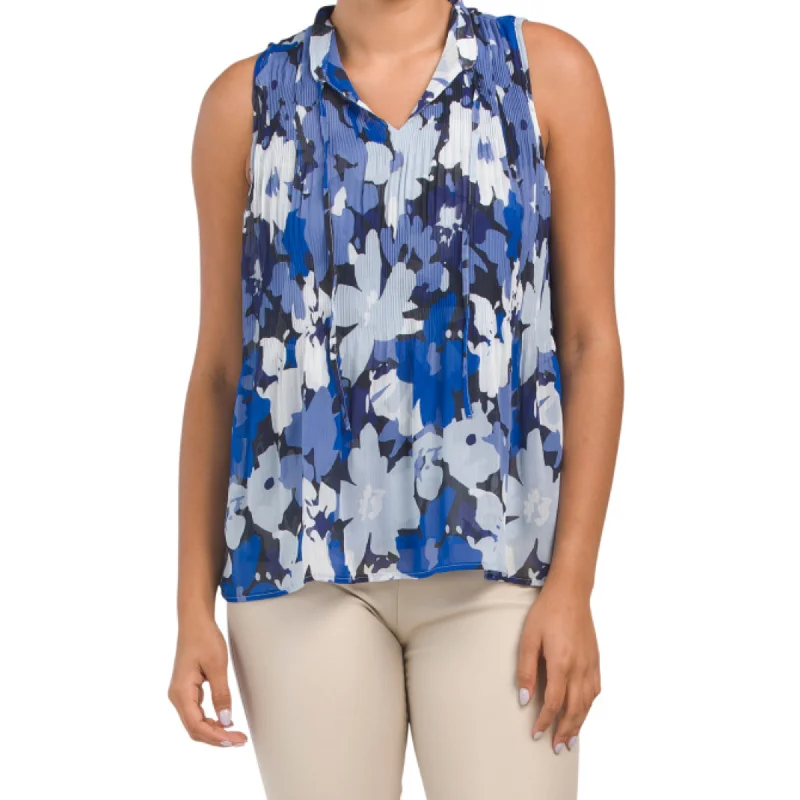 The Best Prices ELLEN TRACY Women's Floral Print Tie Neck Pleated Sleeveless Blouse