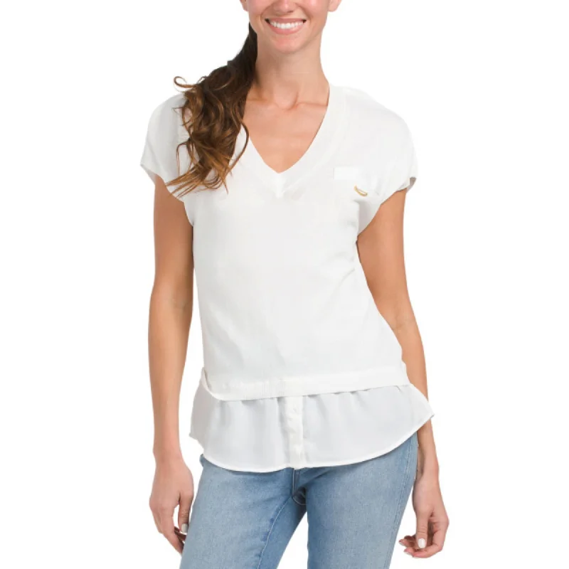 Price Rollback ELLEN TRACY Women's Short Sleeve Twofer V-neck Knit Mixed-media Top