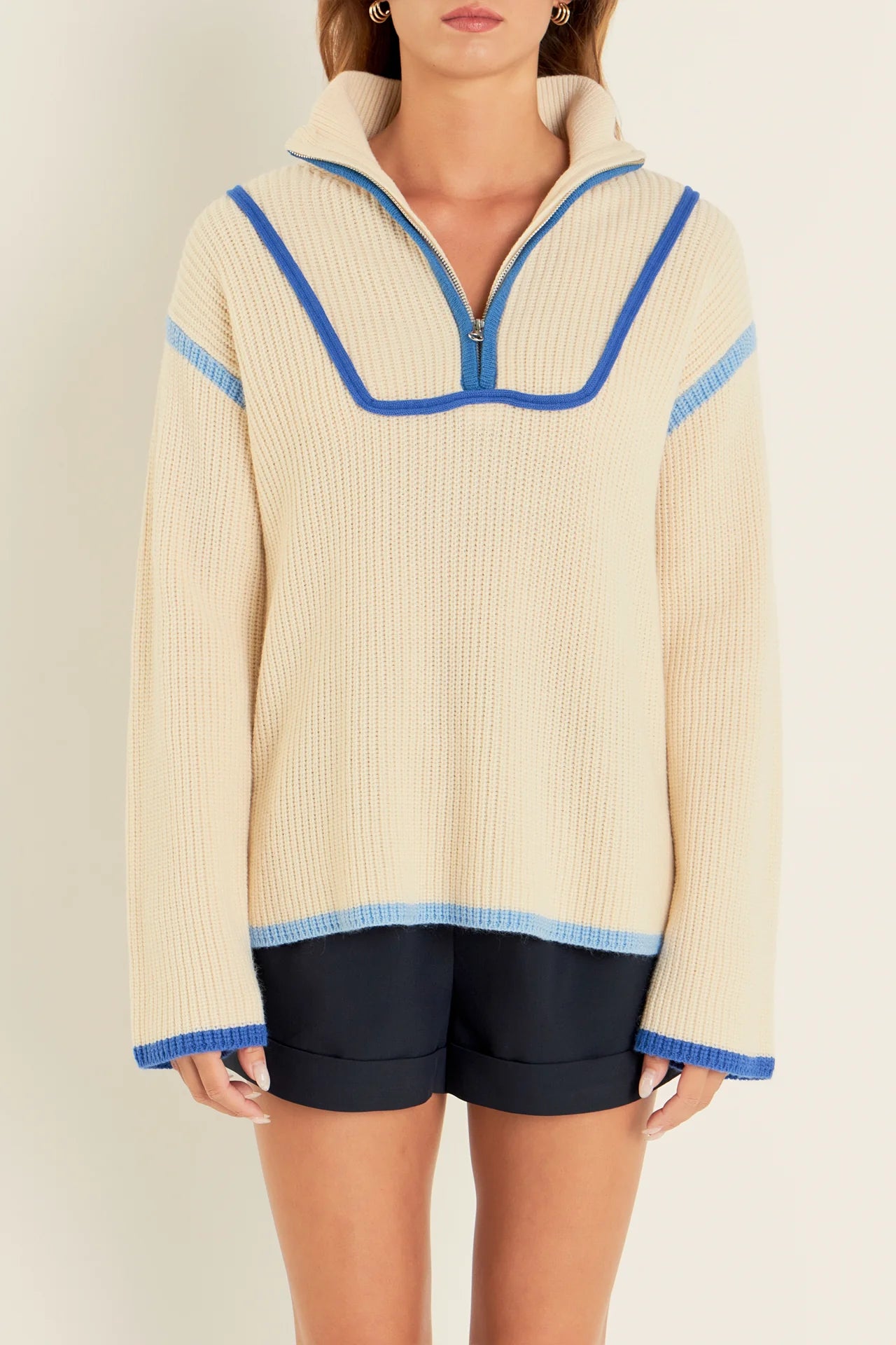 Overstock Sale Contrast Piping Quarter-Zip Sweater (Blue Multi)