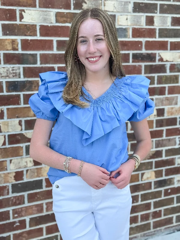 Today Only Smocked Ruffled Puff Sleeve Top (Oxford Blue)