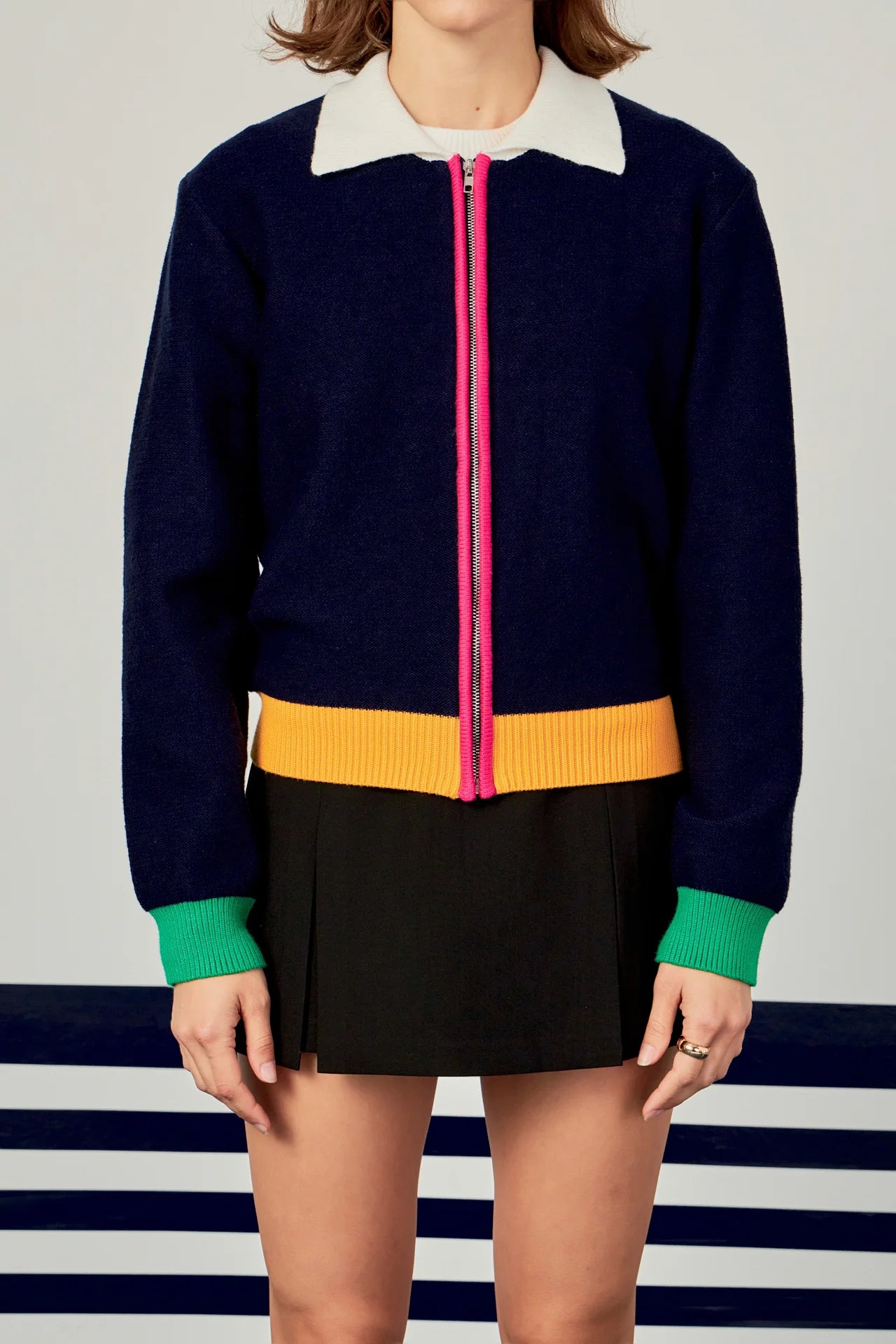 Seasonal Clearance Colorblock Zip Up Cardigan (Navy Multi)