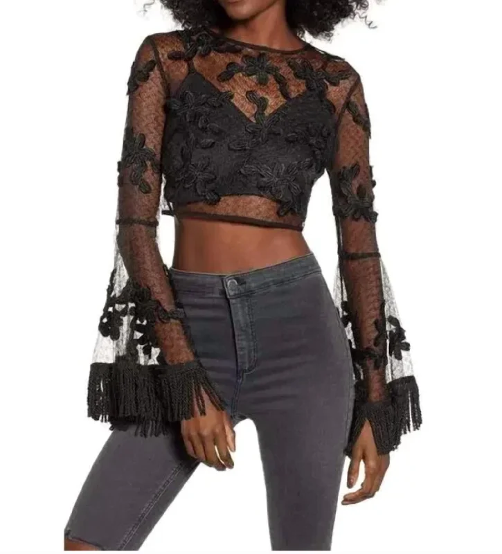Instant Savings Floral Mesh Crop Top In Black