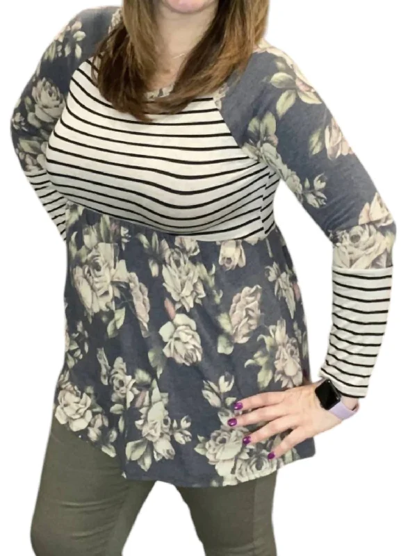 Time-Limited Offer Floral Stripe Babydoll Tunic Top In Grey