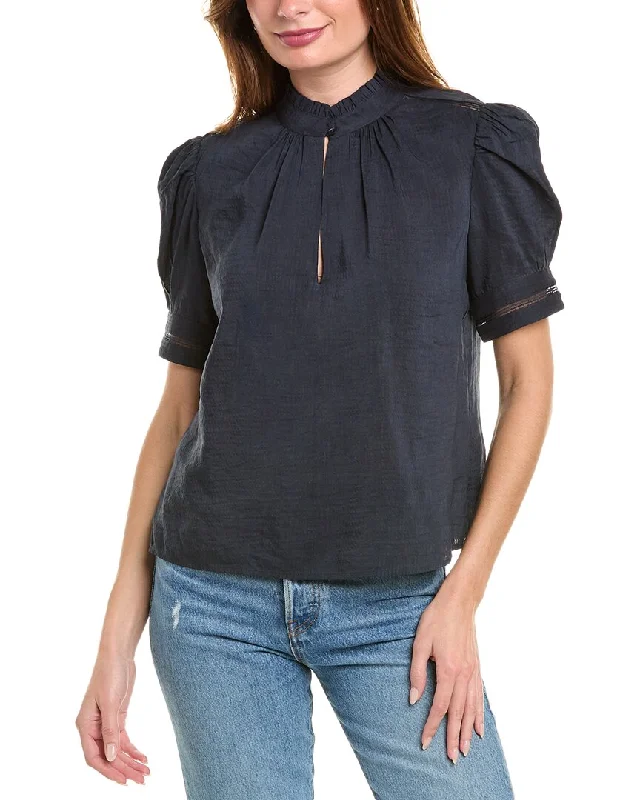 Price Blitz FRAME Denim Ruffle Collar Inset Lace Linen-Blend Top