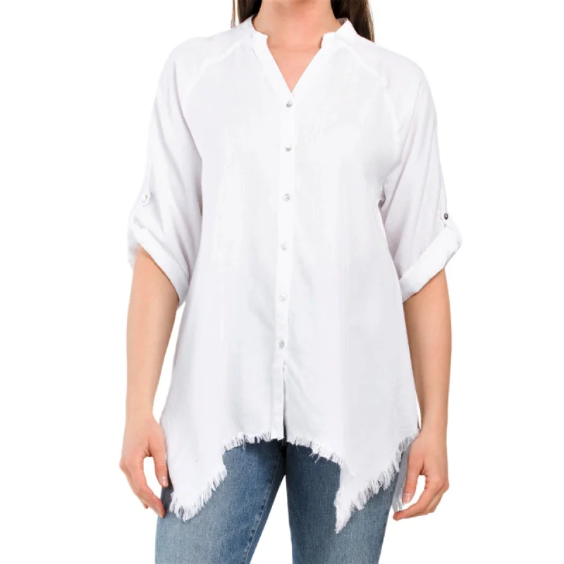 New Deals GRAND AND GREEN Roll Tab Sleeve Frayed Hem Button Down Shirt