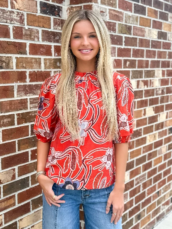 Savings Alert Ruffle Neck Top (Red Poppies)