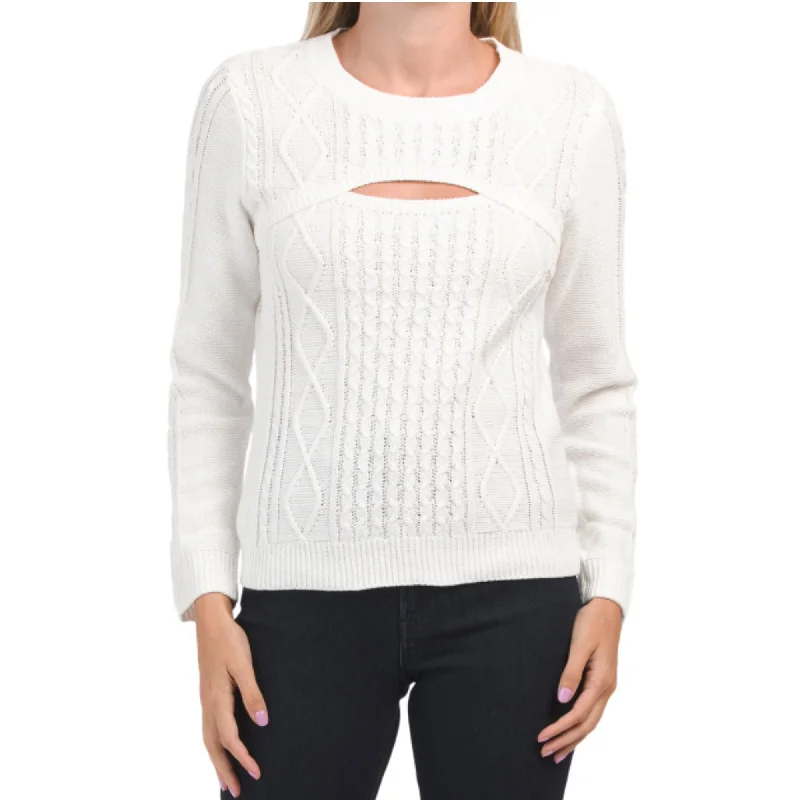 Hurry In Kaily K Women's Cut Out Soft Cotton Blend Cable Knit Sweater