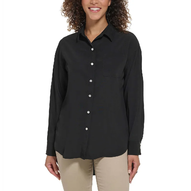 Deal Explosion Karl Lagerfeld Women's High-Low Hem Button Front Shirt Long Sleeve Tunic Blouse