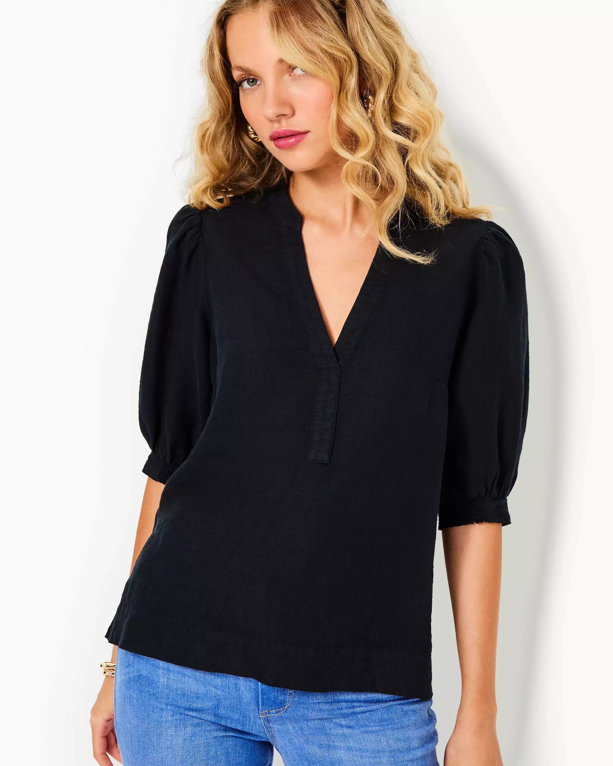 Act Now Mialeigh Elbow Sleeve Linen Top (Noir)