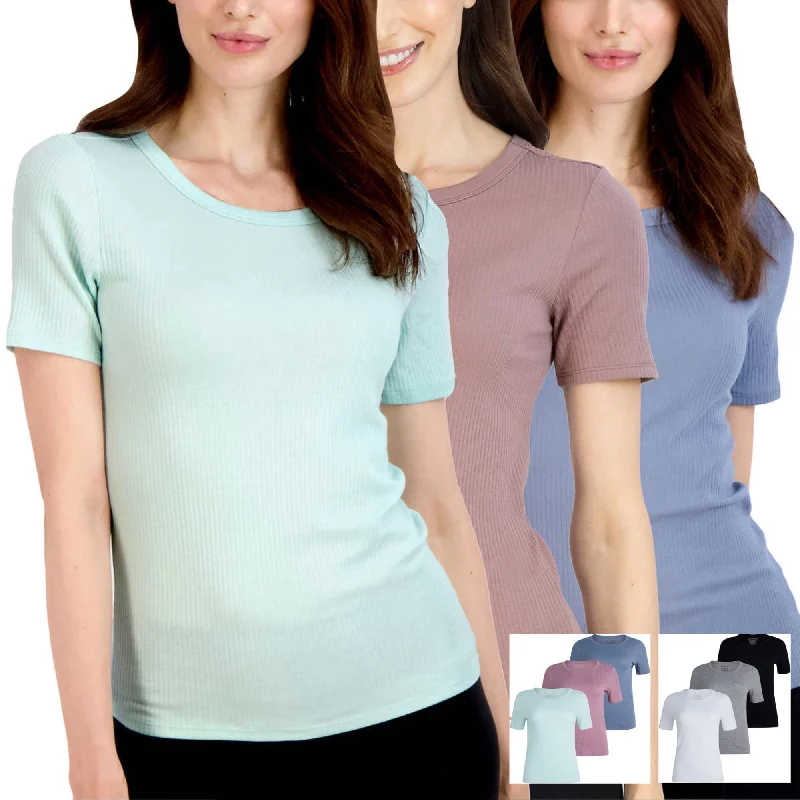 Act Now Lucky Brand Women's 3-Pack Crew Neck Tee Lightweight Ribbed Cotton Blend T-Shirt