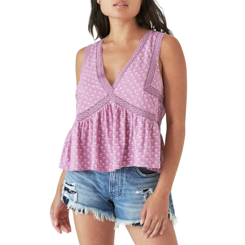 Daily Deals Lucky Brand Women's Geo Lace Trim V-Neck Ruffle Hem Cotton Tank Top