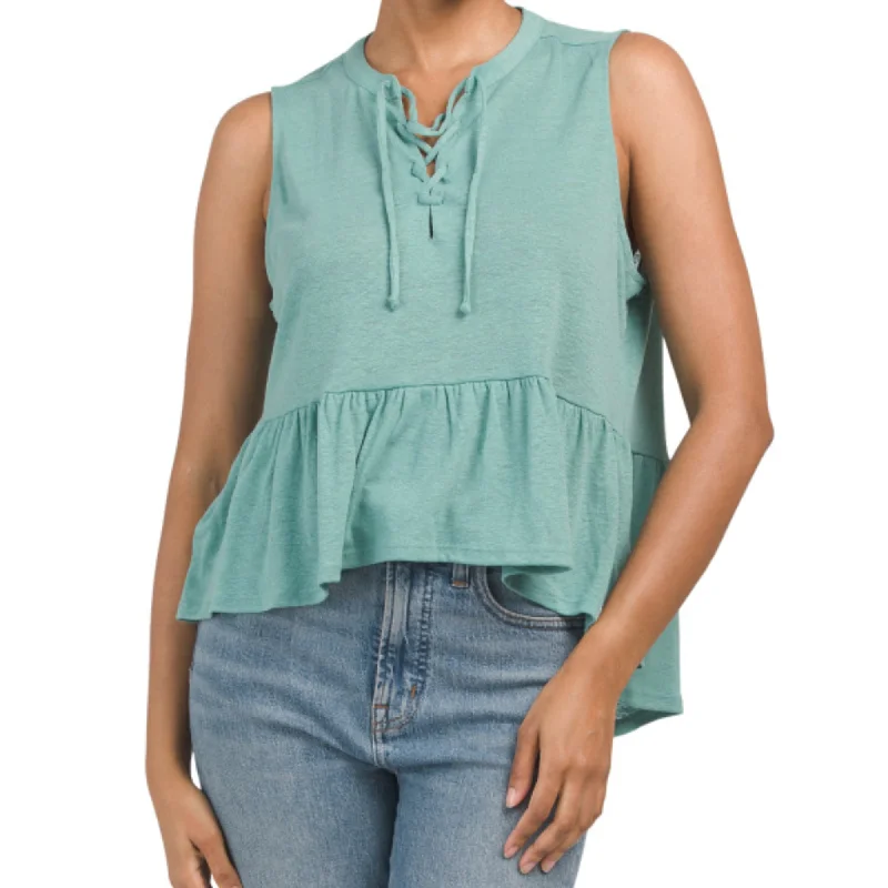 Exclusive Access Lucky Brand Women's Linen Sleeveless Tie Neck Hi Low Ruffle Hem Top