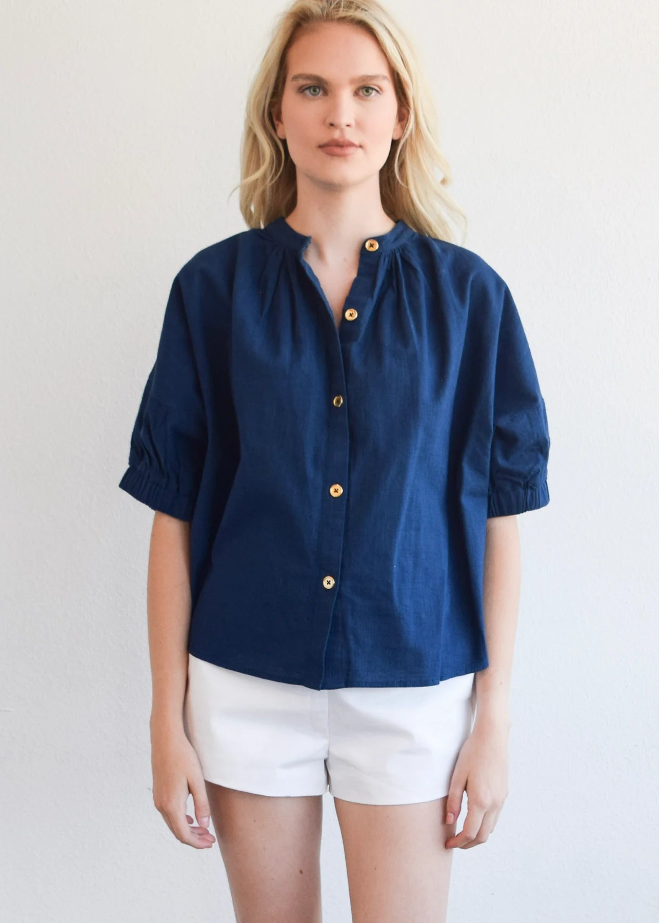 Sale Event Elastic Sleeve Top (Navy Woven)